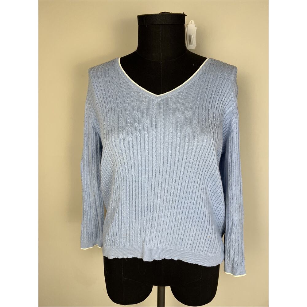 Lauren Ralph Lauren Cable Net 90s‎ V-Neck Blue Sweater Medium 100% Cotton